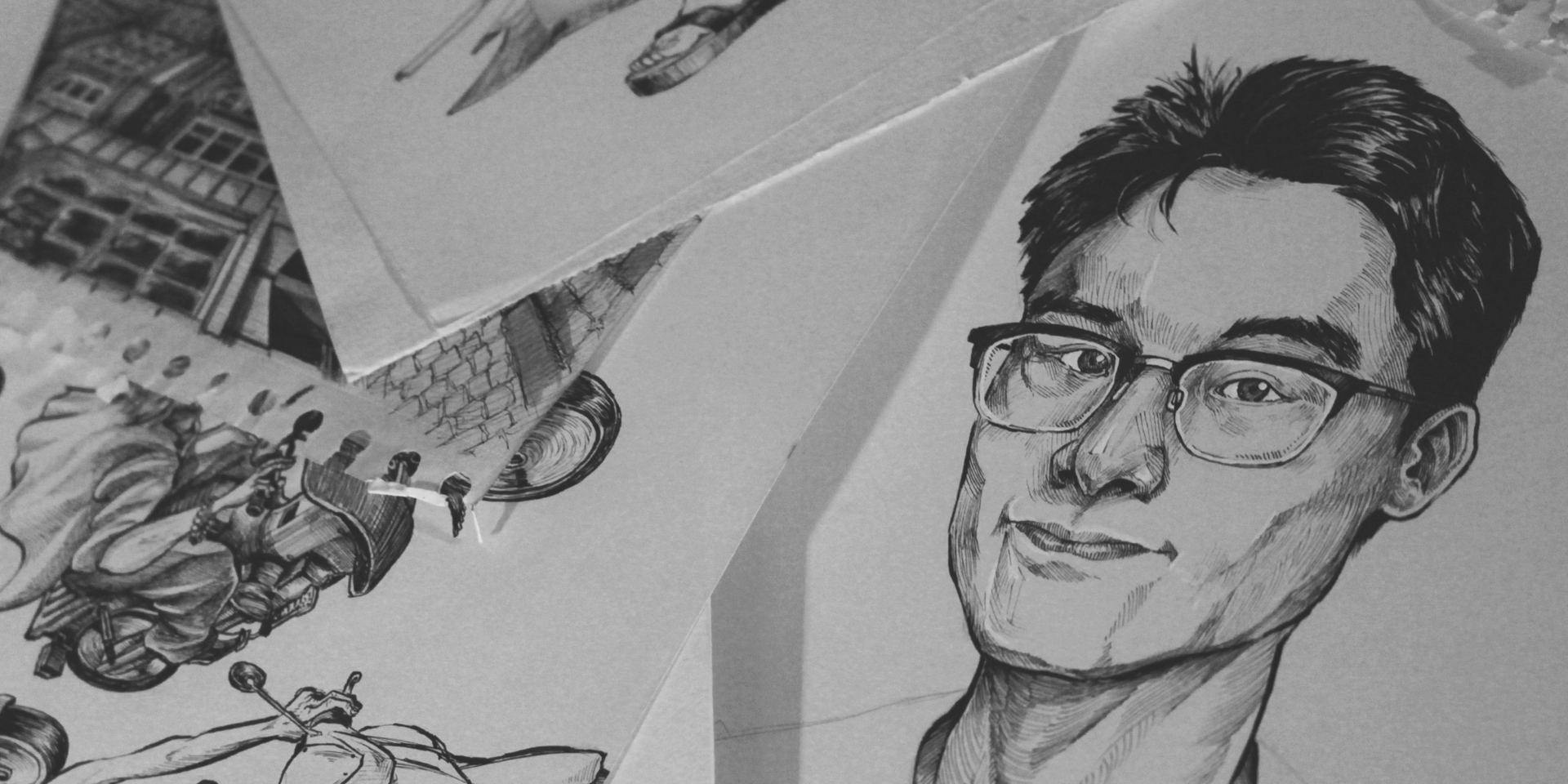 Black and white architectural sketches and portrait